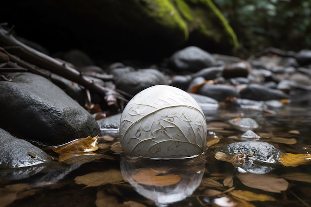 A white ball sits atop a flowing river surrounded by rocks