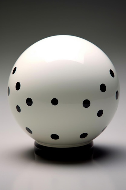 A white ball with black dots is sitting on a table.