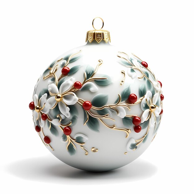 Photo white ball with floral details as a christmas ornament for christmas tree