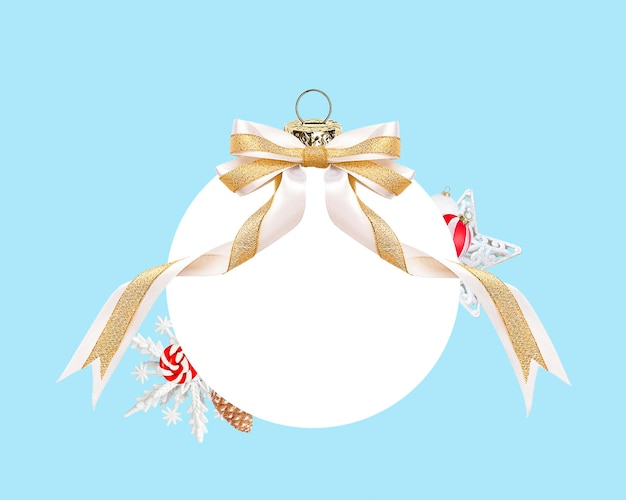 white ball with a golden bow and Christmas decorations on a blue background. 3d rendering