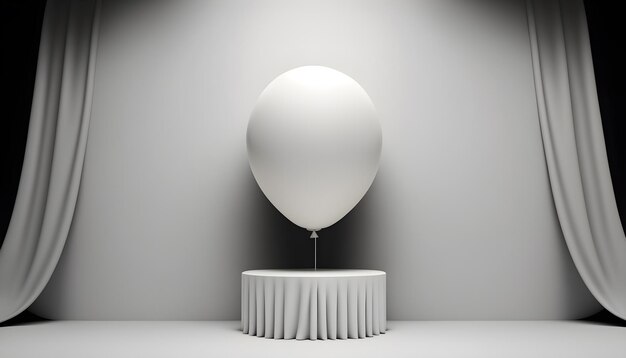 A white balloon is on a pedestal in front of a white wall.