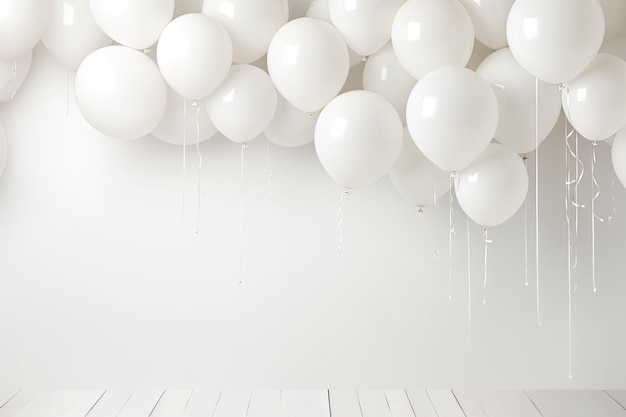 White balloons on white studio background backdrop decoration design for parties and events