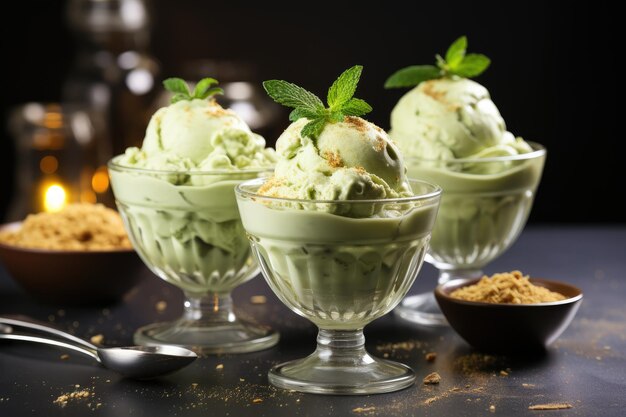 Photo white balls of ice cream in a glass vase three servings of pistachio ice cream with a mint leaf a portion of ice cream in crystal glasses on wooden table the restaurant serves ice cream