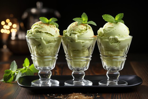 White balls of ice cream in a glass vase Three servings of pistachio ice cream