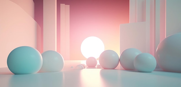 White balls on a white floor with a light in the background