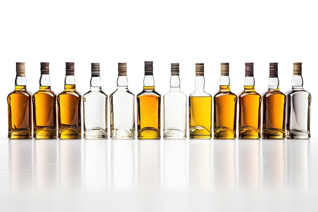 White bar with unlabeled golden whisky bottles isolated on white with reflection