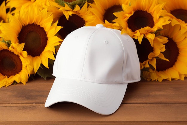 Foto mockup di berretto da baseball bianco sui girasoli