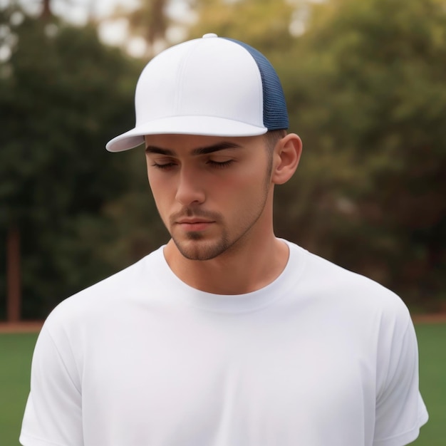 Белая бейсболка и шаблон макета футболки на мужчине AI Generative