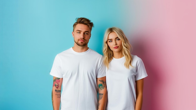 White basic tshirt beautiful couple in white tshirts on blue and pink background