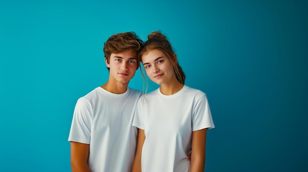 White basic tshirt Portrait of young couple in white tshirts on blue background