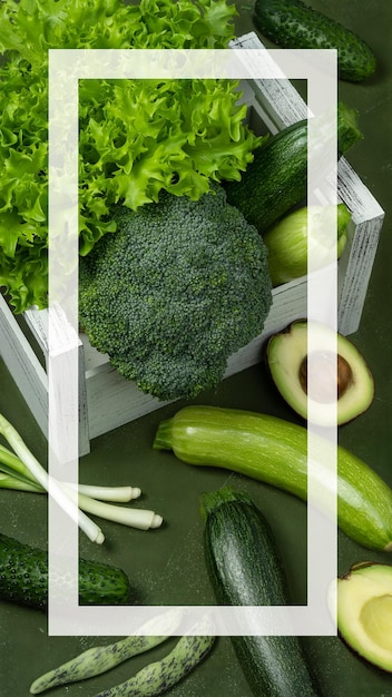 White basket fresh vegetables from farmer's market closeup vegetables white frame in middle of photo