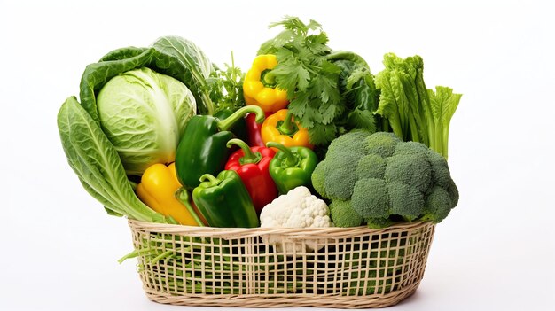 A white basket full vegetables in white background