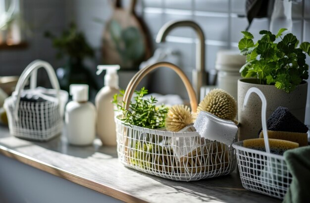 white baskets full of cleaning supplies