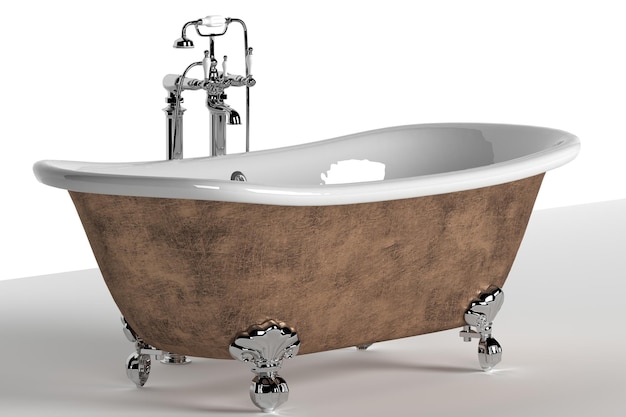 White bath in a classic retro style with a chromeplated cold and hot water mixer 3d render