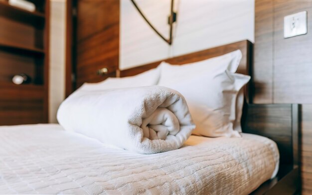 Foto asciugamano bianco sul letto decorazione all'interno della camera da letto