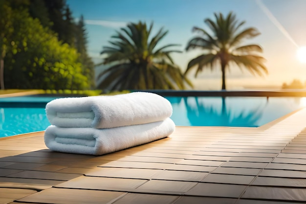 White bath towels folded on a wooden platform in a pool setting