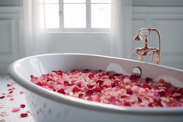 Foto un bagno bianco con acqua disseminata di petali di rosa rossa