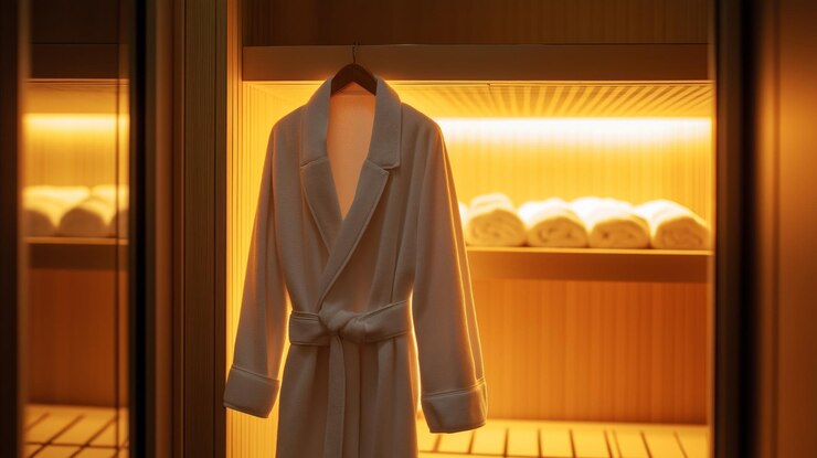 Photo white bathrobe hanging in a locker room