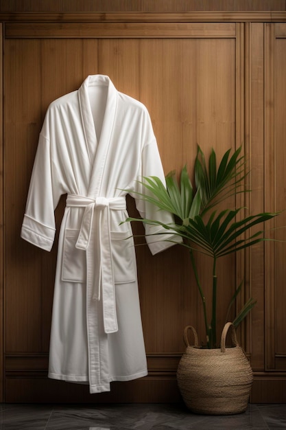 White bathrobe hanging on wall