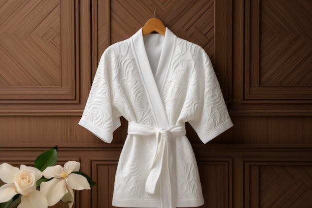 White bathrobe hanging on wall