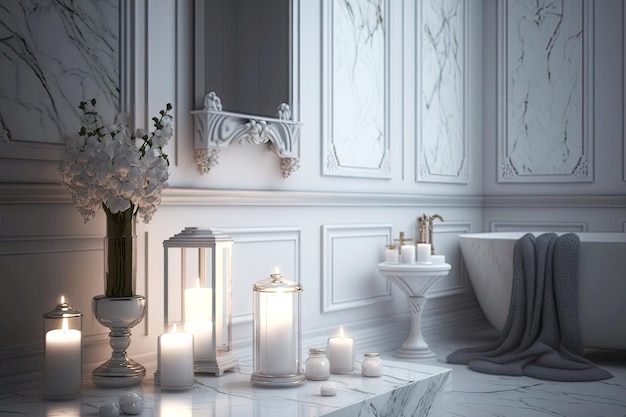 White bathroom interior by candlelight with marble tiles and accessories on walls generative ai