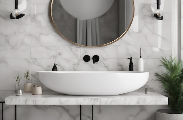 Фото Белый интерьер ванной комнаты пустая мраморная столовая поверхность для экспозиции продуктов с размытым интерьером ванной комнат b
