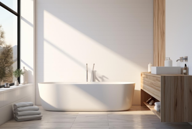 White bathroom interior with bathtub and plant room with white bathtub