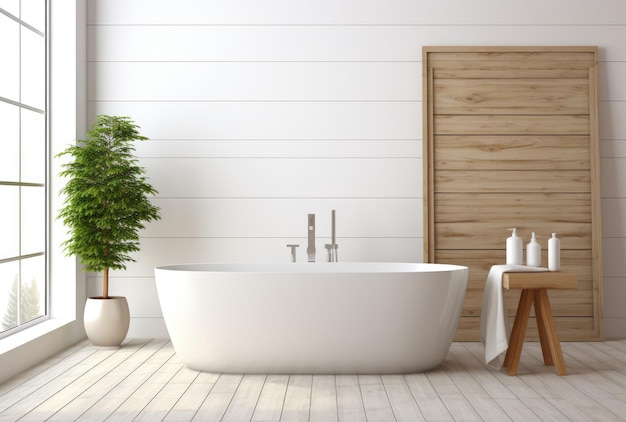 White bathroom interior with bathtub and plant room with white bathtub