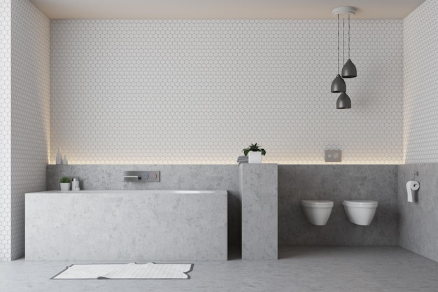 White bathroom interior with a gray floor, a gray bathtub and a double toilet. 3d rendering, mock up