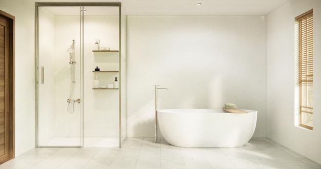 Белая ванная комната в современном японском минимальном стиле 3D рендеринг