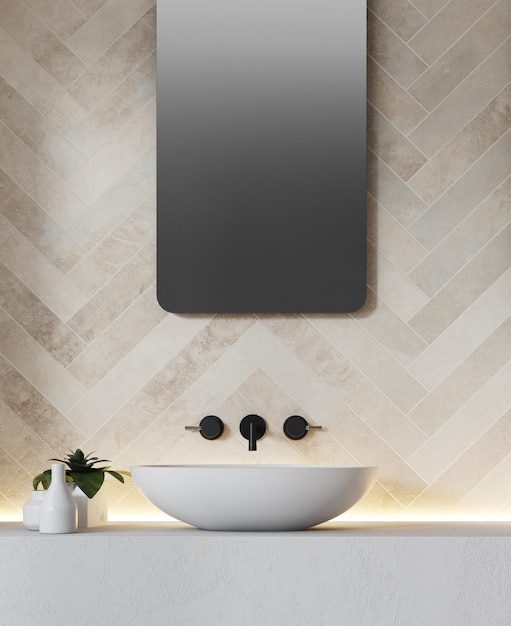 Photo white bathroom sink near a white brick like wall with a large round mirror hanging above it. side view. 3d rendering