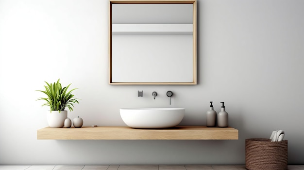 White bathroom sink standing on a wooden shelf generative ai