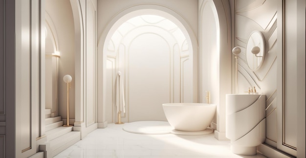 A white bathroom with a bathtub and a white tub.