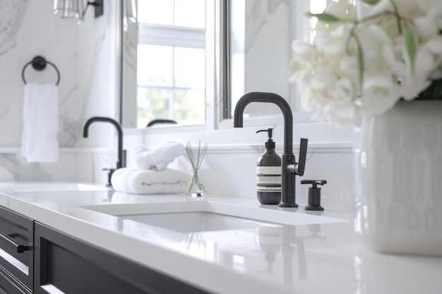 Photo white bathroom with black accessories generative ai