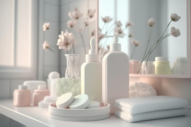 A white bathroom with a lot of products on the counter.