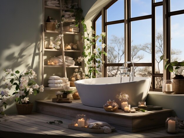 植物と窓のある白い浴室