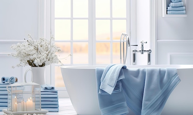 A white bathroom with towels and a tub in the style of blurred