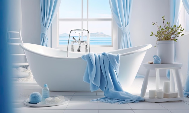 a white bathroom with towels and a tub in the style of blurred