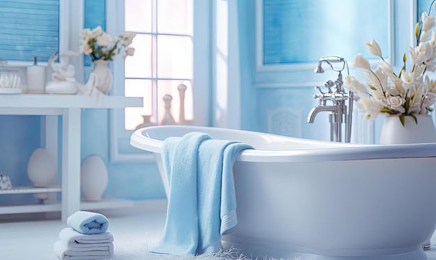 a white bathroom with towels and a tub in the style of blurred