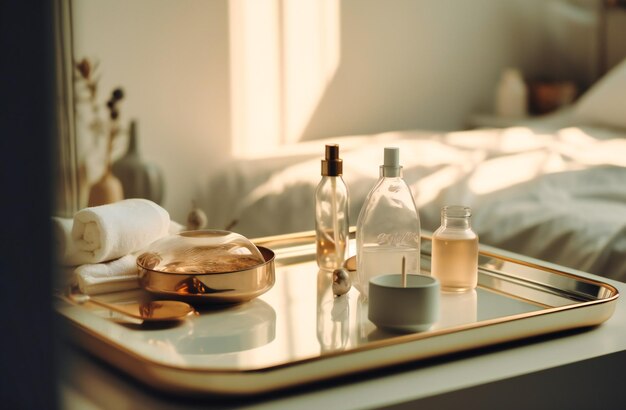 A white bathroom with a white tray and a mirror next to it