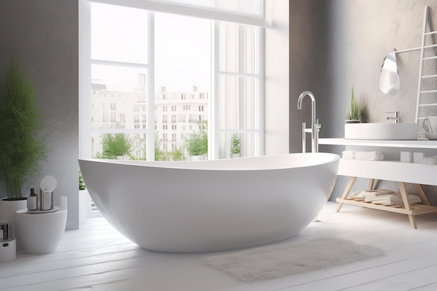 A white bathtub in a bathroom with a large window behind it.