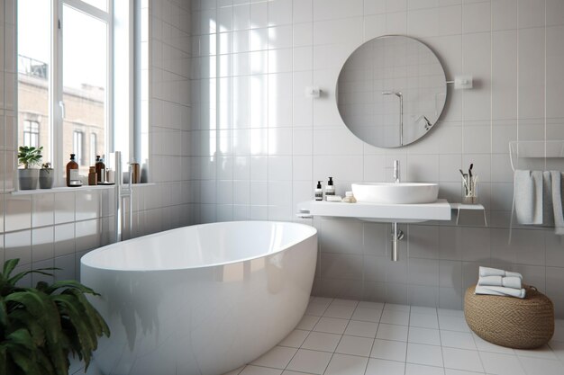 A white bathtub in a bathroom with a mirror above it.