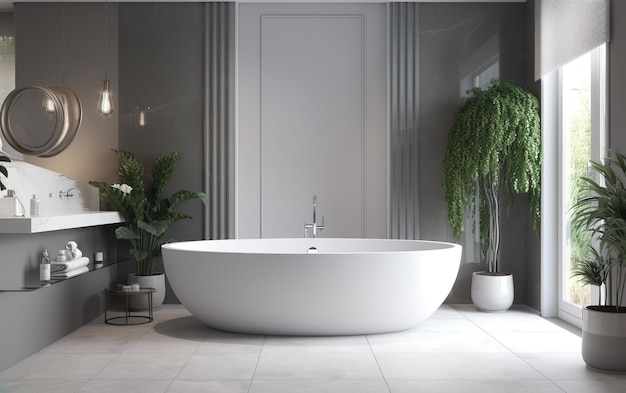 A white bathtub in a bathroom with a plant next to it.