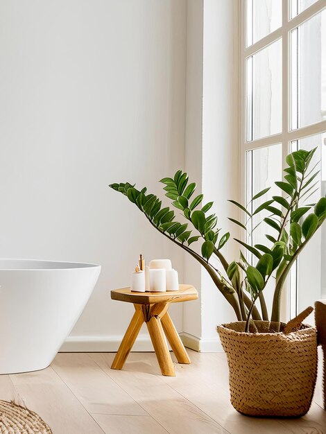 White bathtub is positioned next to a wooden table in a minimalistic modern bathroom interior