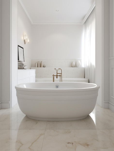 Белая ванна в белой ванной с белой стеной за ней.