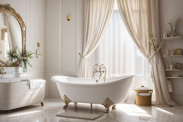 White bathtub with curtain and shelf