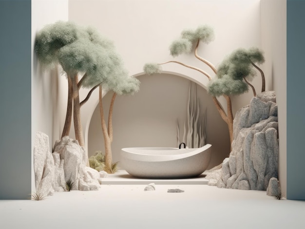 ヴィンテージのバスルームの寄木細工の床とシャワーのモダンな最小限のインターの上に乾燥した植物の装飾が施された白いバスタブ
