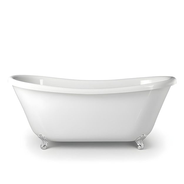 A white bathtub with silver legs and a white base.