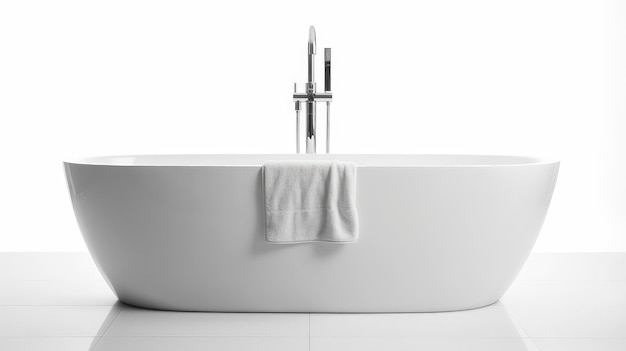 A white bathtub with a white towel hanging from it.