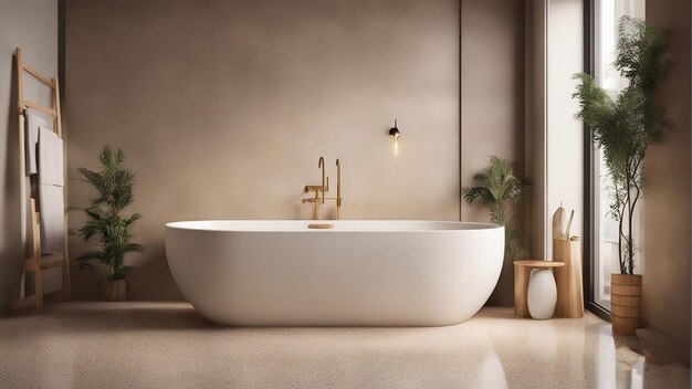 a white bathtub with a wooden handle sits in a room with a potted plant on the floor.